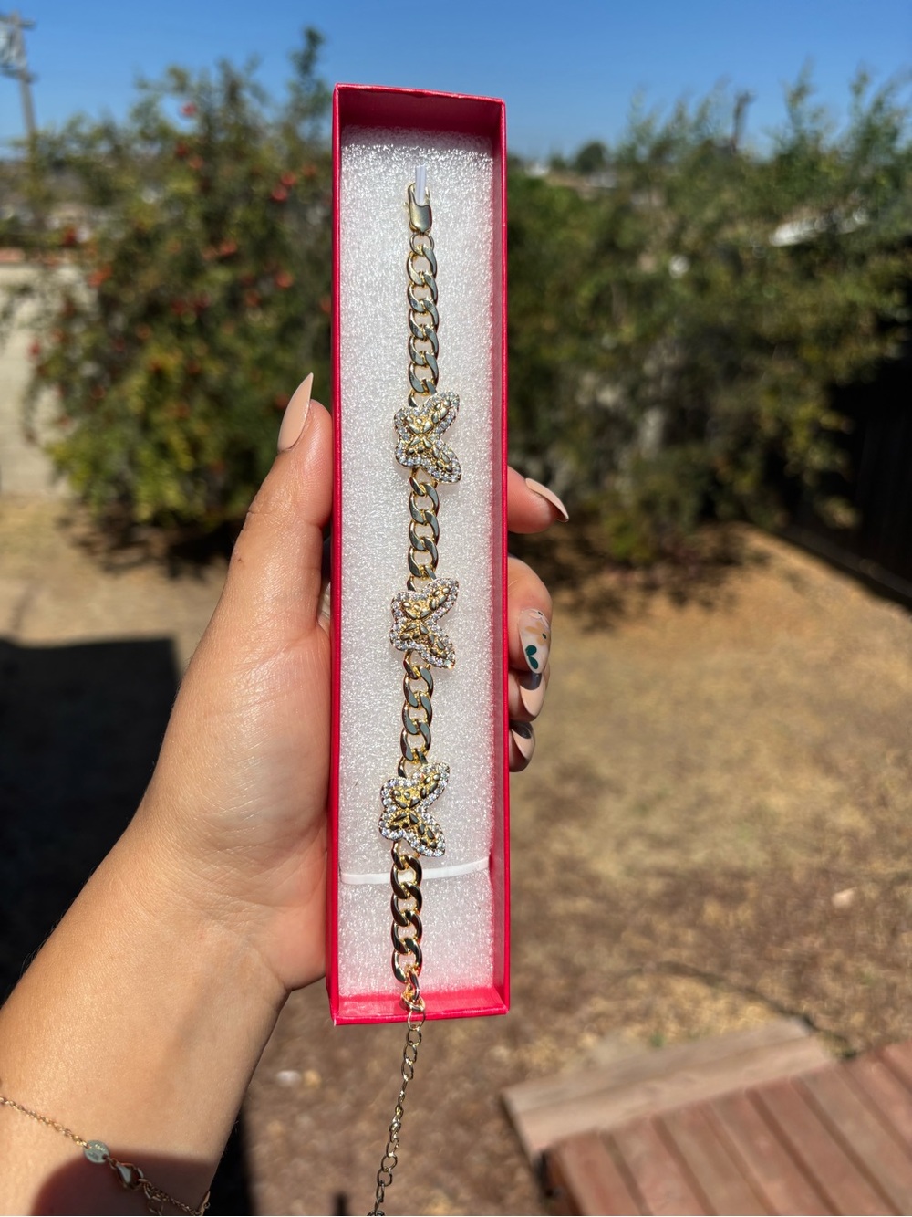 Gold Butterfly Chain Bracelet with Crystal Accents